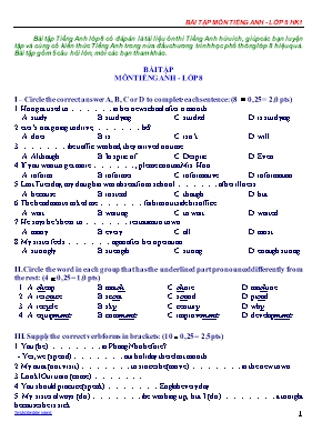 Bài tập môn Tiếng Anh Lớp 8 - Học kỳ I